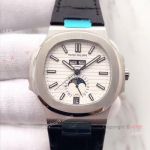 Swiss Fake Patek Philippe Nautilus Day Date Moonphase Watch SS Black Leather Wristwatch